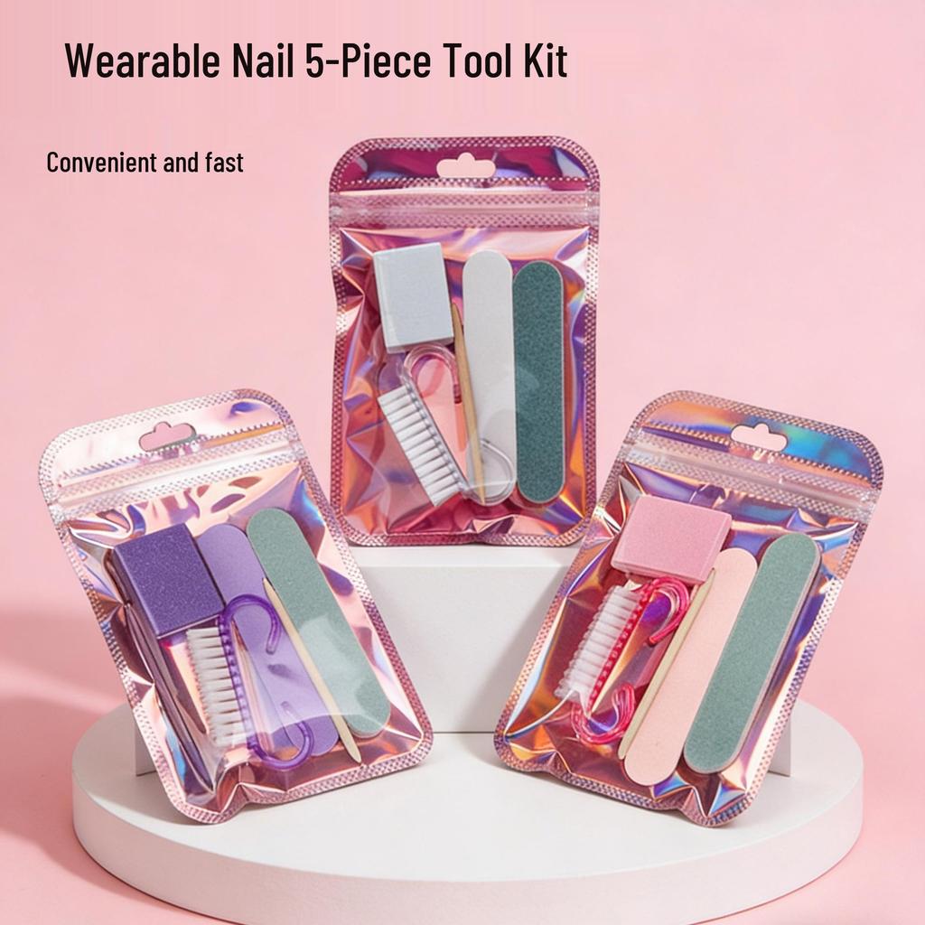 In-Stock 5-Piece Manicure Set: Nail File, Buffer, Polishing Block, Wooden Stick, Horn Brush