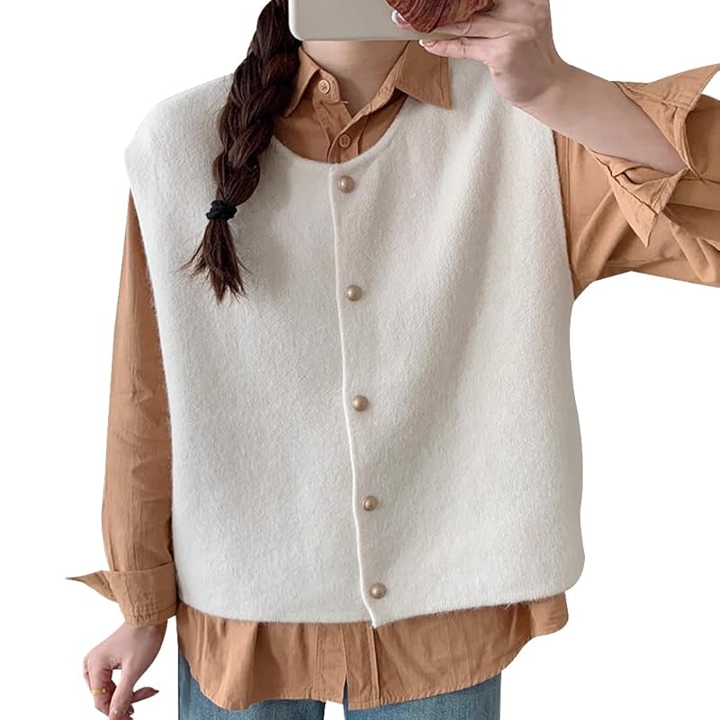

[Minax] vest ladies tops knit vest sweater vest Front opening round neck Cold protection layered clothing Relaxing soft warm Plain color body shape