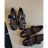 French retro metal one-word buckle shallow mouth Mary Jane women's shoes 2025 autumn new with skirt flat-soled small leather shoes