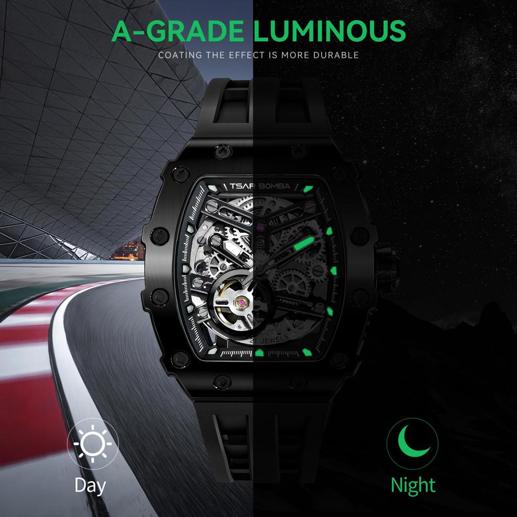 TSAR BOMBA Skeleton Design Automatic Watch with Barrel 50m Water Luminous Sporty Gift for Men Men's Case, Resistance, Function, Black, Fashion,