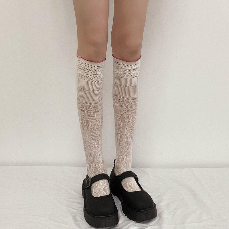 Japanese-style JK Lace Ruffle Slouch Socks for Women | Creamy White Calf-Length Half Socks - Sweet Short Knee-High Mesh Socks Summer Thin Style