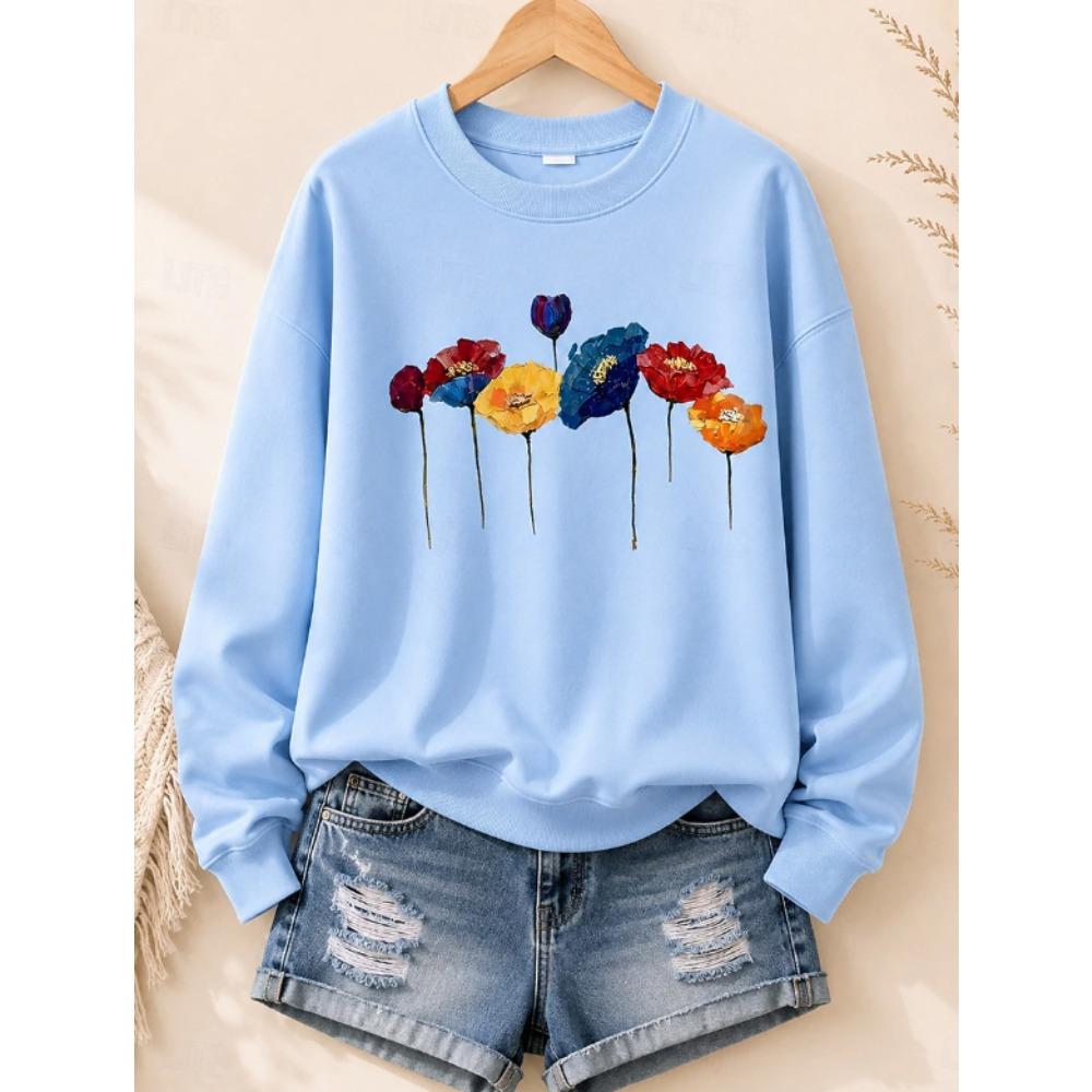 Tops for Women Floral Print Round Neck Long Sleeve T-shirt Fall Casual Slim Pullover Women's Long Sleeve Top