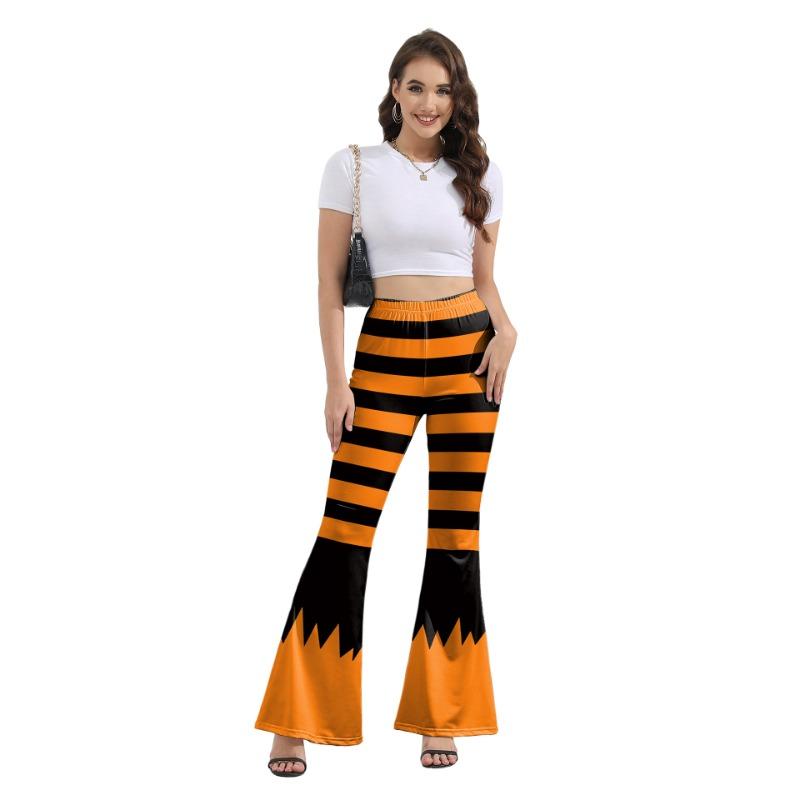 Women's Halloween Orange Striped Fashion Women's Pants Digital Printed Elastic Flared Pants