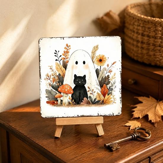 Holiday Gift for Autumn Lovers Halloween Wood Tabletop Sign with Mini Easel, Cute Pumpkin Ghost Decorative Plaques Cafe Plaque, Rustic Ornament