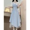 French Temperament Light Blue Irregular Strap Skirt Women's Summer New Polyester Temperament Elegant and Loose