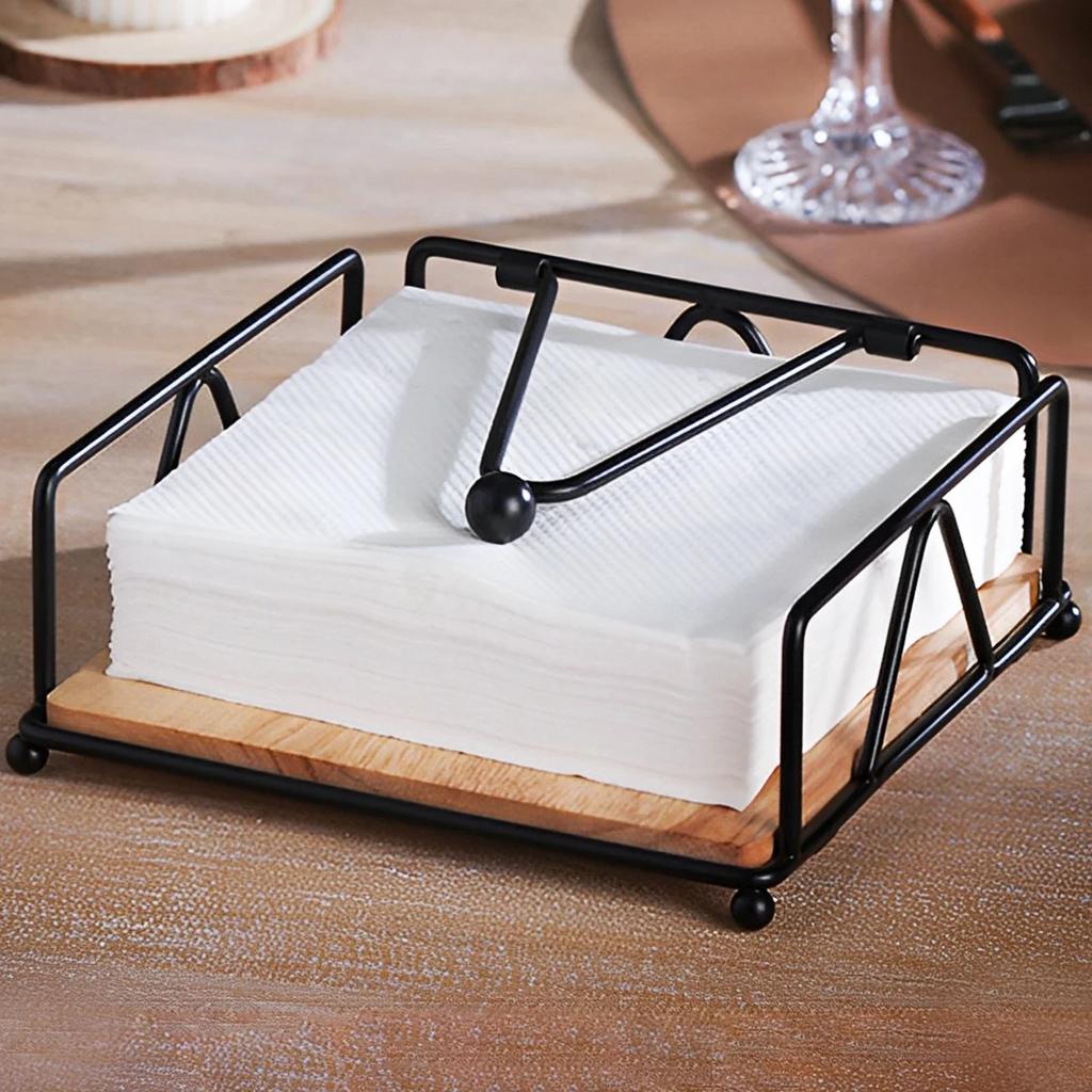 Flat Napkin Holder Metal Iron Serviette Holder Napkin Stand with Wooden Base for Home Kitchen Countertop Decor New