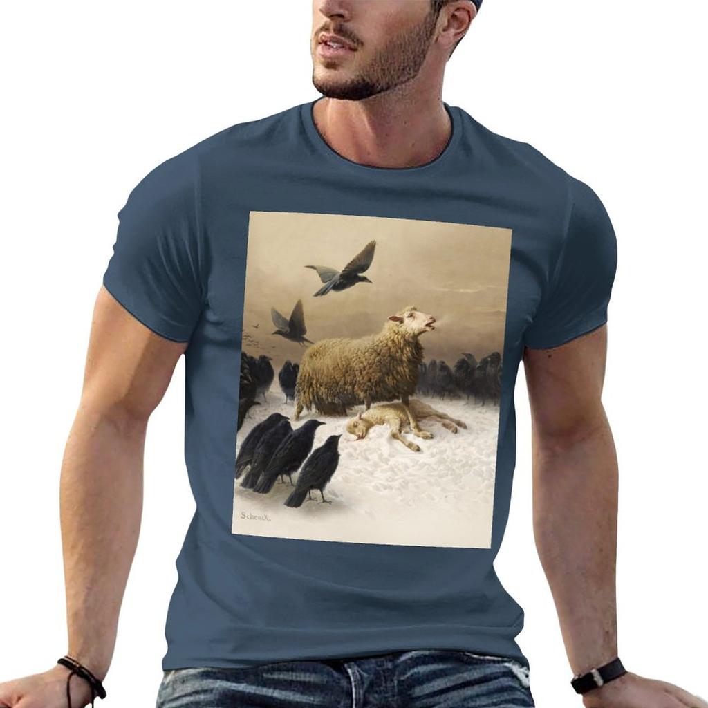 Angoscia Angoisses dipinto a olio fine art di August Friedrich Schenck Pecora madre con agnello e corvi neri HD H Maglietta