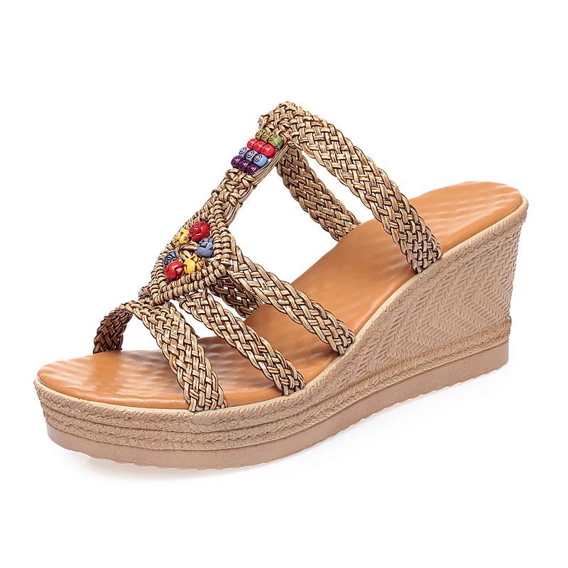 Women's Summer New Style Wedge Heel Platform Fashion Bohemian Ethnic Style Roman High-Heeled Leather Sandals
