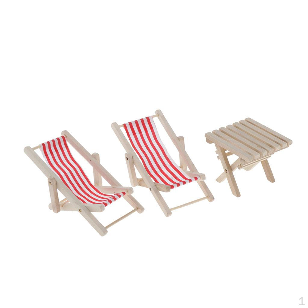 

1/6 Dollhouse Miniature Wood Striped Lounge Chairs & Table Beach Set Red