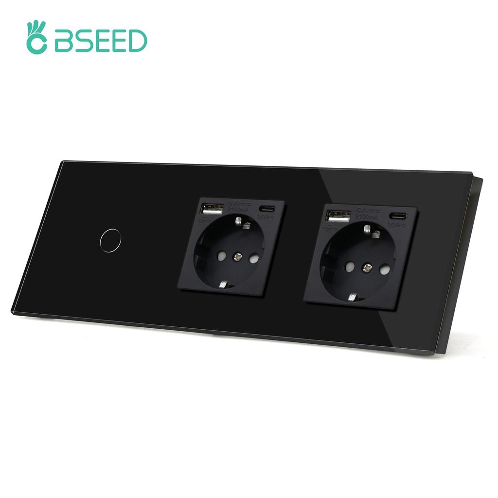 BSEED 1/2/3fach Touchschalter 1-Weg Lichtschalter mit EU-Wandsteckdosen USB Typ-C Steckdosen Glasplatte Schwarz