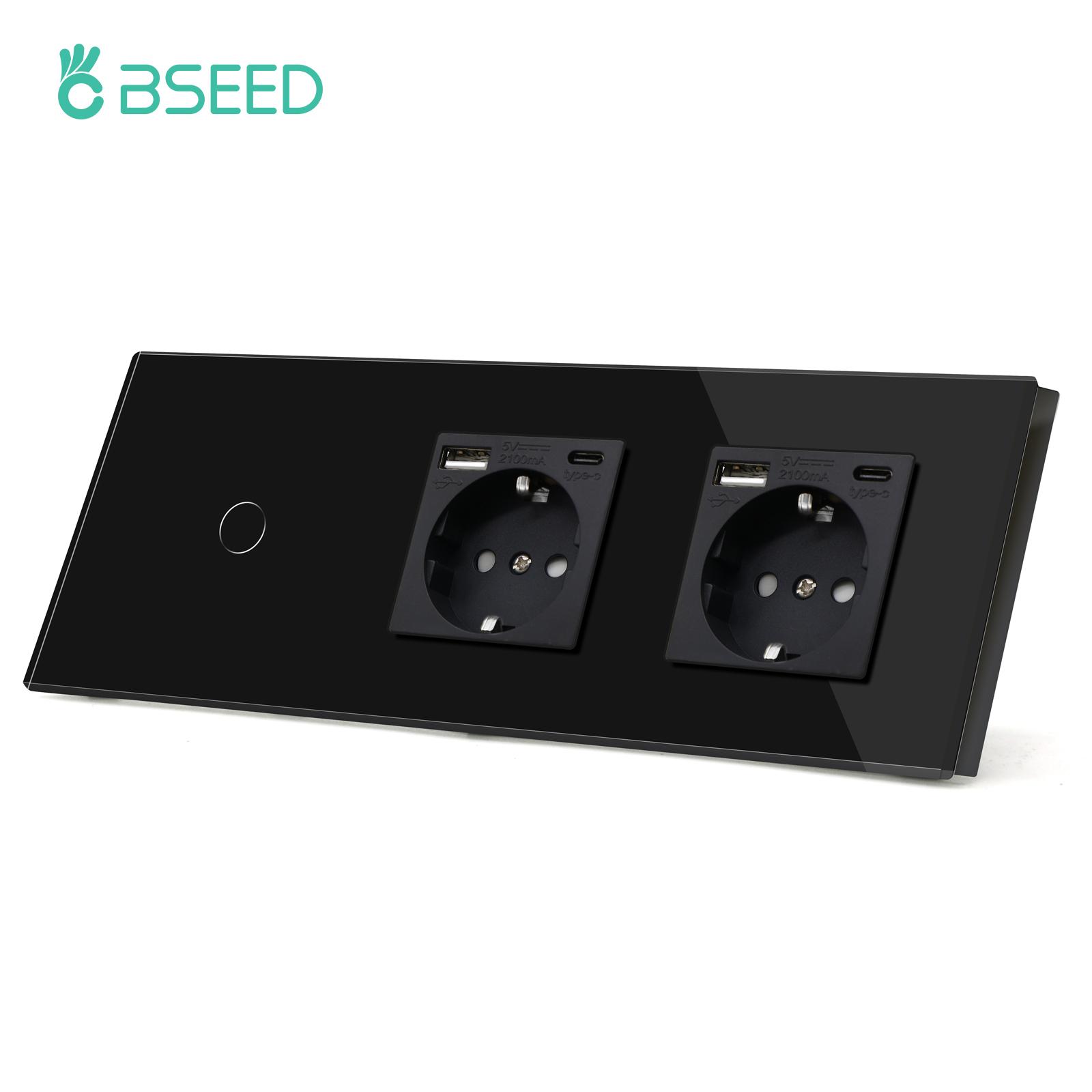

BSEED 1/2/3Gang Touch Switches 1Way Light Switch With EU Wall Sockets USB Type-c Power Outlets Glass Panel Black EU standard