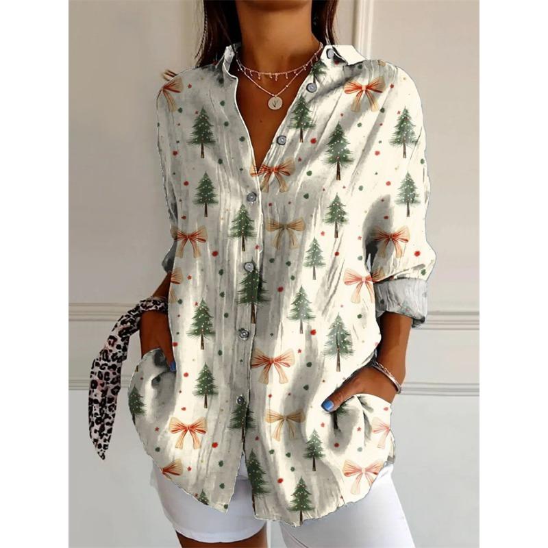 Christmas Women's Christmas Tree 3D Print Shirt Fashion Collar Loose-Fit Breathable Streetwear Shirt Relaxed Fit