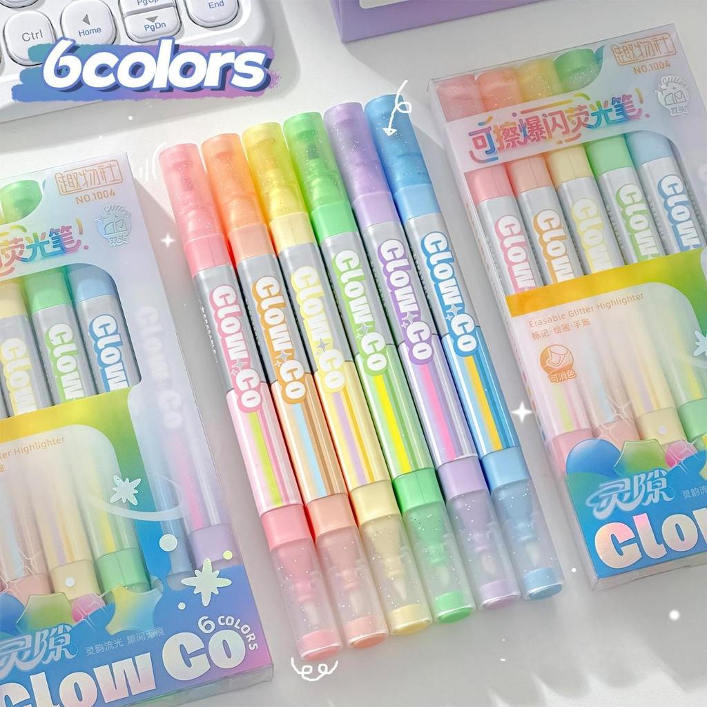 6pcs Dual-Tip Highlighters Set Erasable with Eraser & Glitter Tips Soft Highlighter for Journaling & Marking