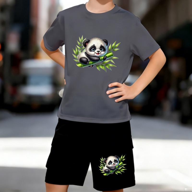 Boys 2 Piece Cute Cartoon Panda Printed Outfit, Short Sleeve T-Shirt and Shorts Set for Kids Age 5-14,Black Sporty Casual Summer Clothes