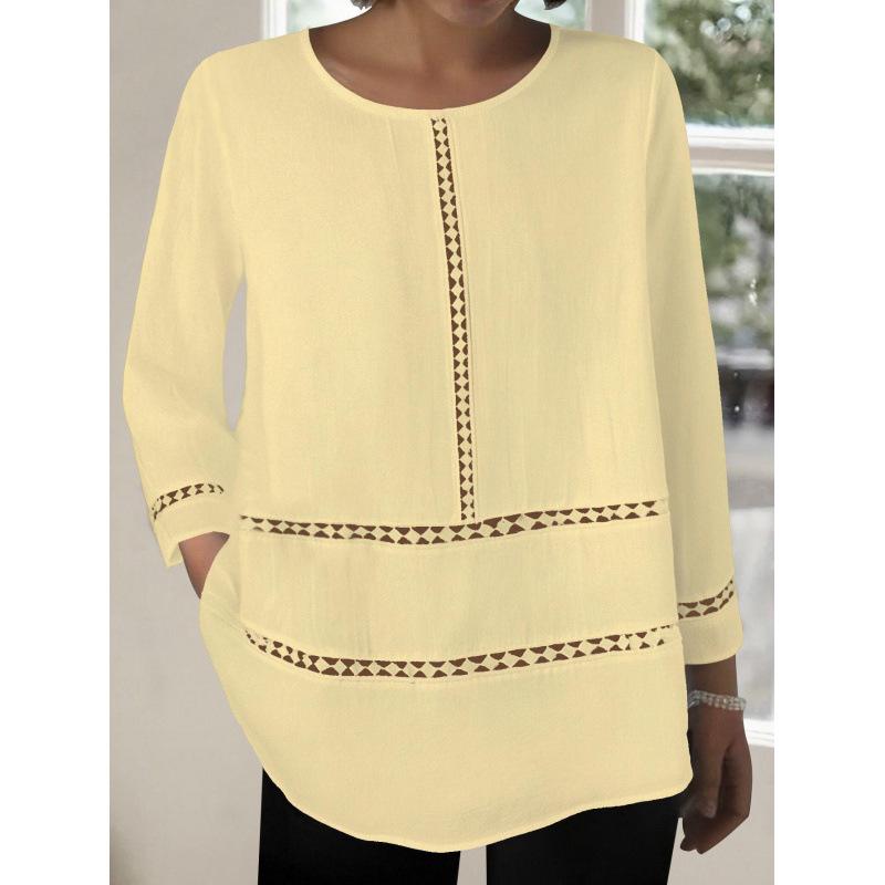 2025 Women's Semi-Transparent Solid Color Round Neck Hollow Long Sleeve Loose Cotton Shirt - Middle Eastern Style