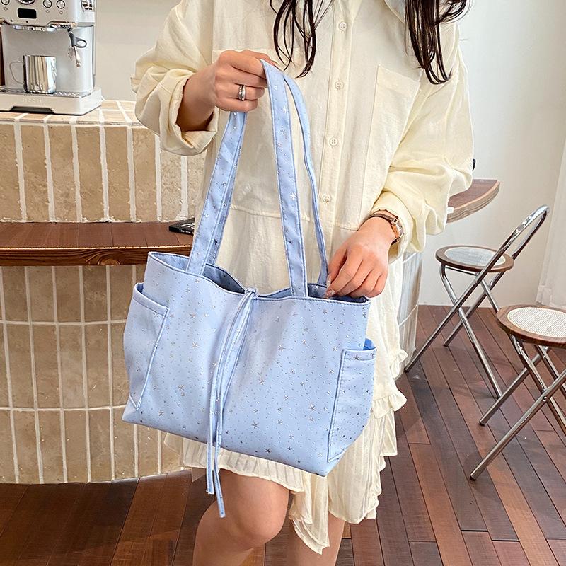 Light Blue Tote Bag With Glitter Star Pattern Bow Decor Multi Pockets For School Shopping Daily Outings Travel