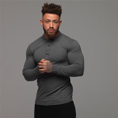 Autumn Casual Mens Solid Long Sleeve Slim Fit Fitness Polo Shirt