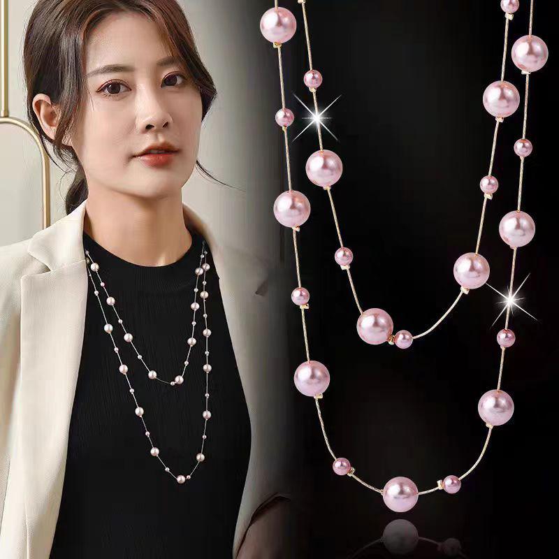 French Pearl Layered Sweater Chain: Women's High-End Starry Necklace for Chic Style