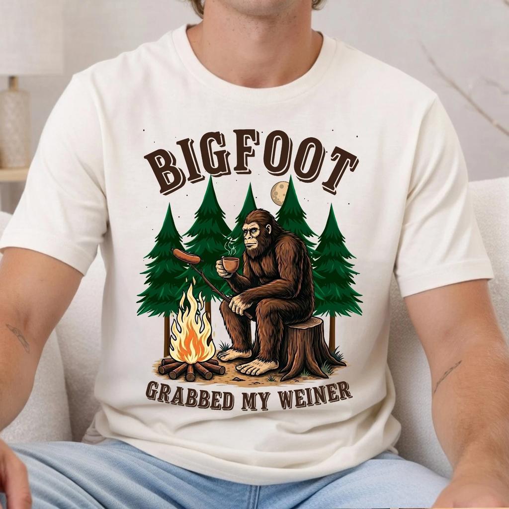 Bigfoot Grabbed My Weiner, Funny Camping BBQ Sausage Sasquatch Unisex T- Shirt