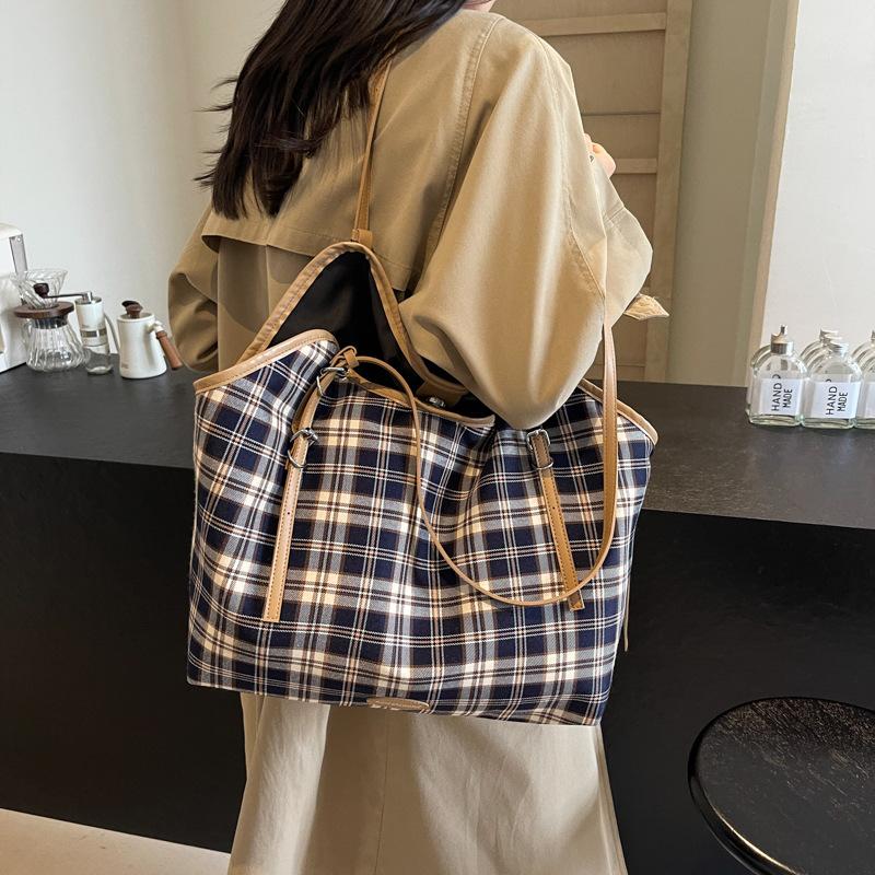 Fashion Plaid Canvas Tote Bag Women's New Versatile Casual Lightweight Shoulder Bag
