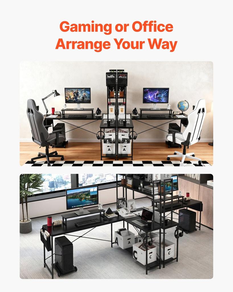 L-Shaped Computer Desk, 1.7m Reversible Corner Gaming Desk with Monitor Stand & Movable CPU Stand, Modern Stylish PC Table Sturdy Work Workstation for