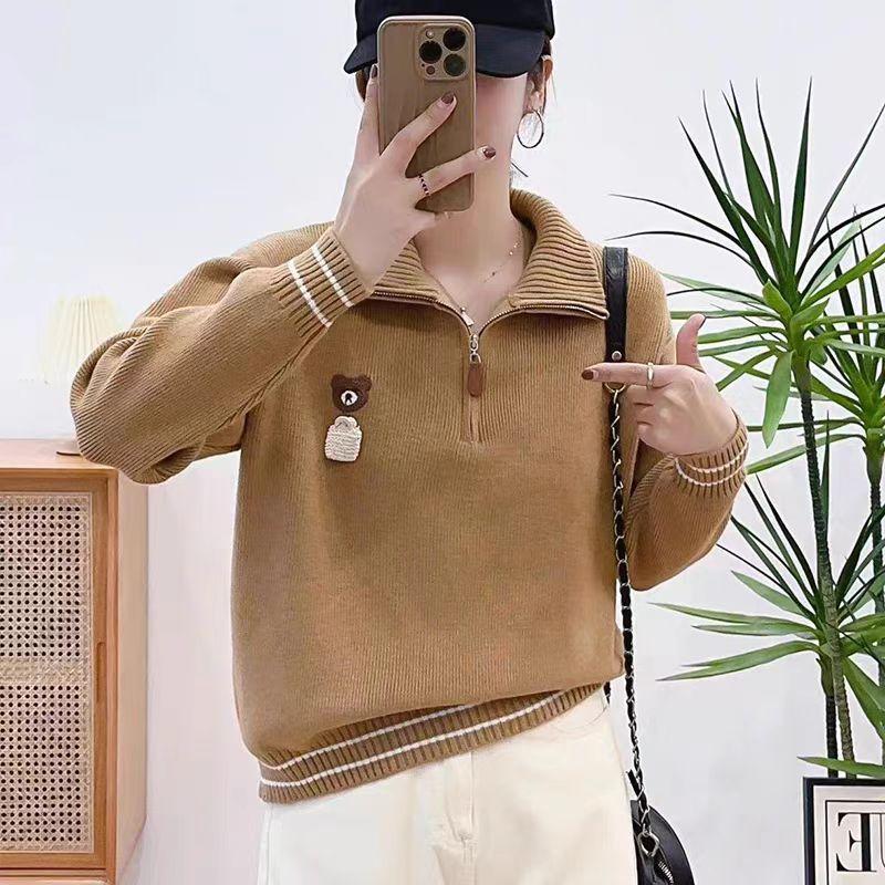 

Осень и зима новый утолщенный трикотажный пуловер с полумолнией однотонный женский модный универсальный тонкий верхняя одежда топ one size fits all хаки