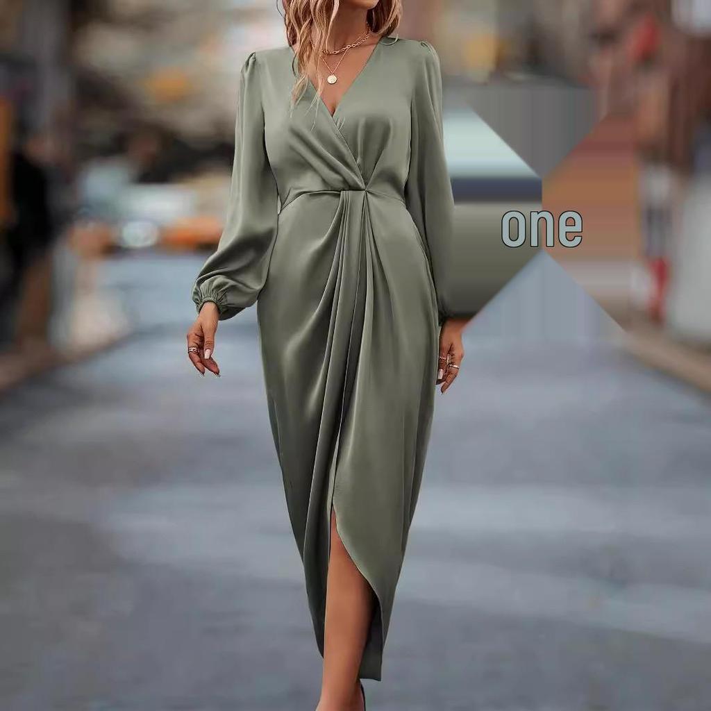 Cross-border Crossover Neckline Ruched Slit Puff Sleeve Irregular Long Sleeve Dress - European & American Style Design