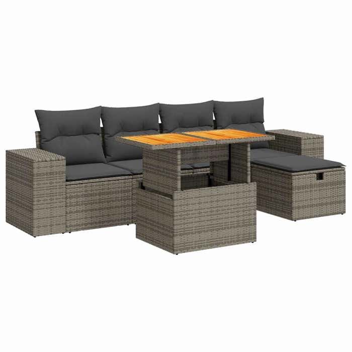 VidaXL Salon de jardin avec coussins 6 pcs gris résine tressée acacia, ensemble de canapés d'extérieur, salon de jardin, 3328082