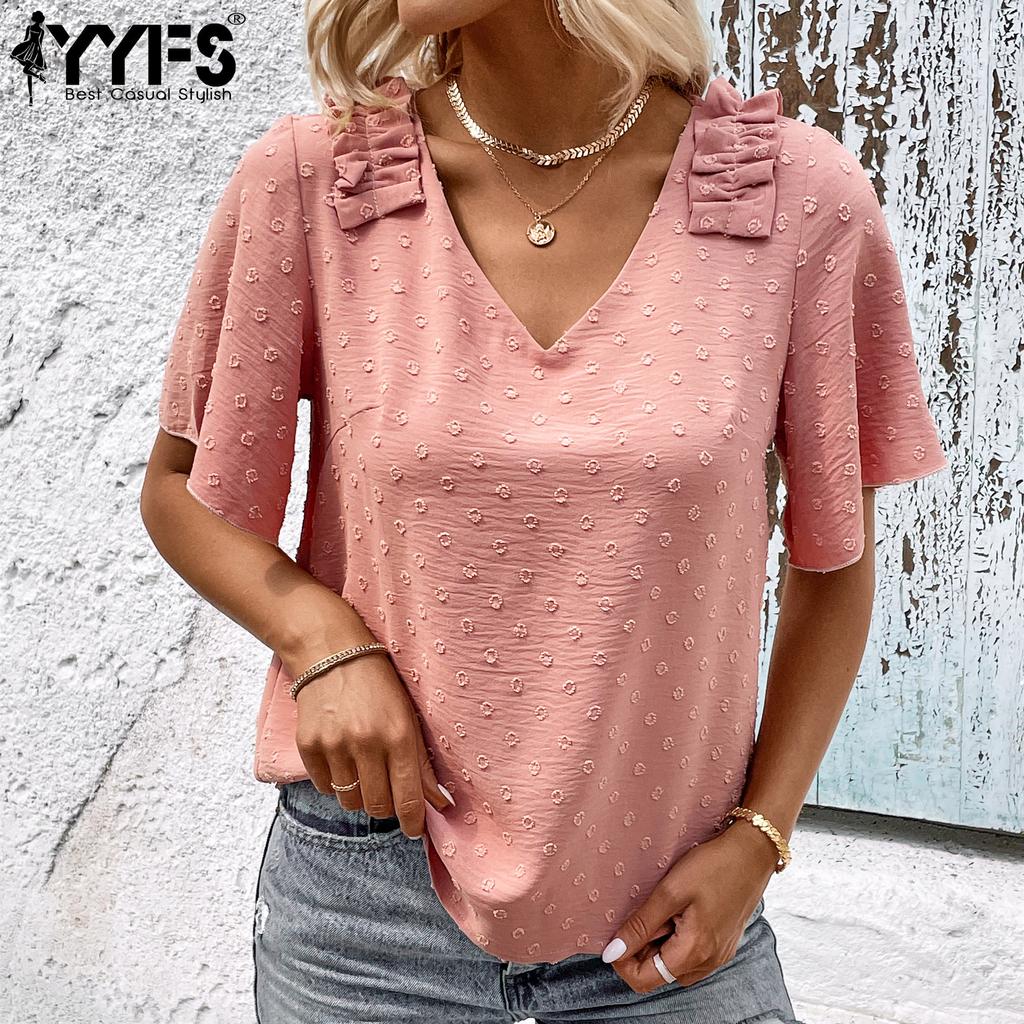 YYFS Women's Fashion Casual Solid Color Print Short Sleeve V-Neck Blouses & Shirts