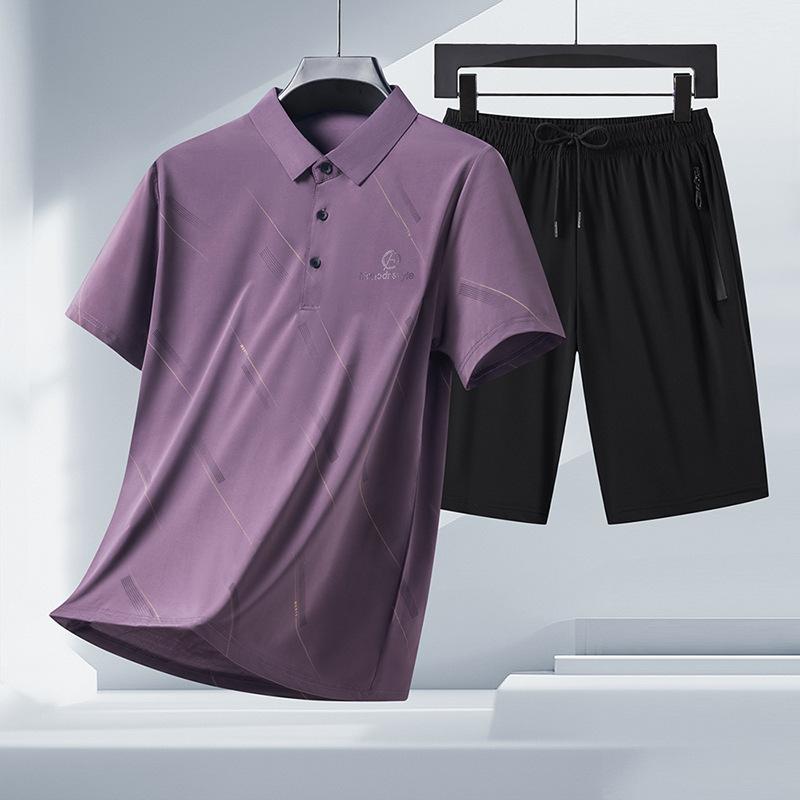 Summer Ice Silk Lapel Polo Shirt Men's Short Sleeved T-shirt Shorts Set Quick Drying