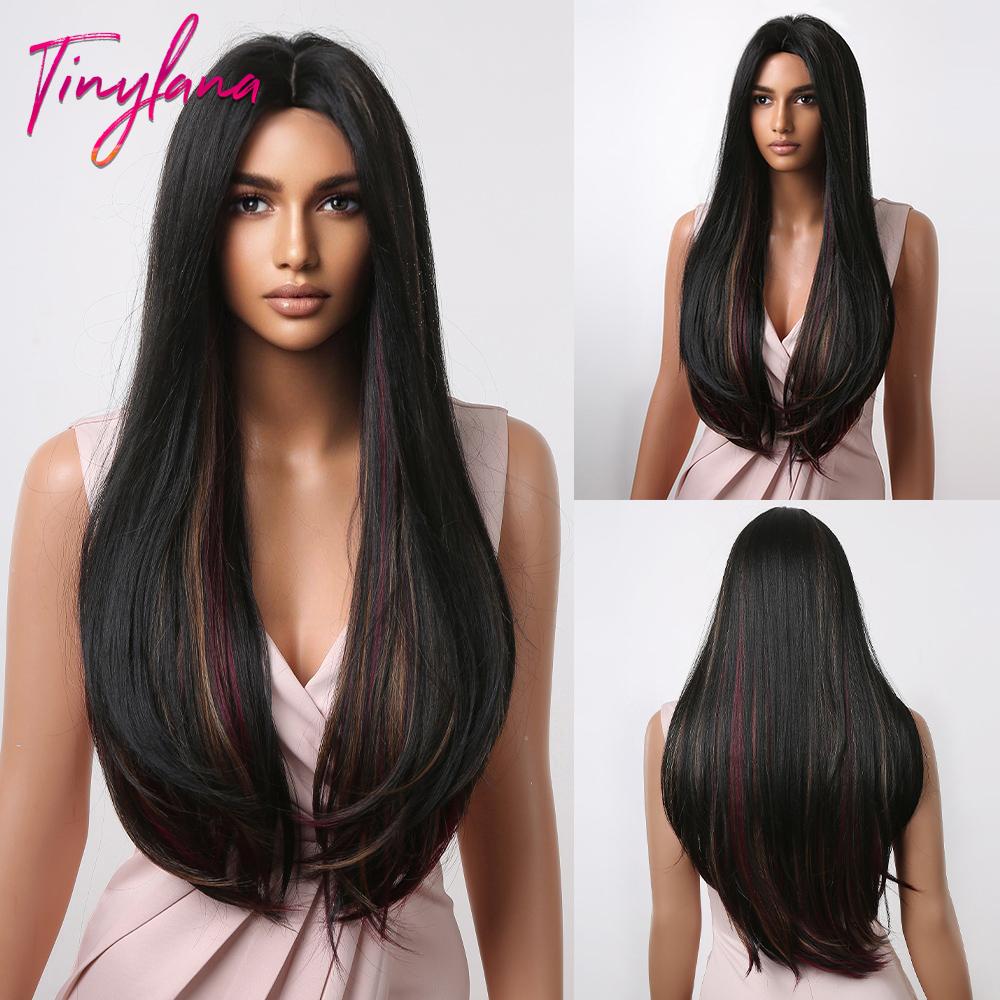Long Straight Synthetic Wig with Bangs Dark Black Gray Hair Wigs for Women Cosplay Natural Hair Heat Resistant Layered Wigs