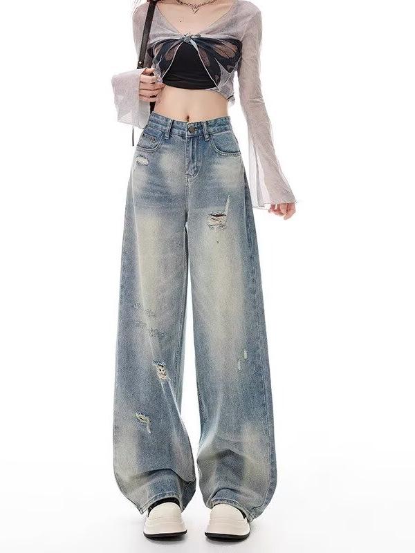 Women's High Waist Retro Ripped Jeans, 2024 Autumn/Winter Collection - Loose, Slimming Straight Wide-Leg Floor-Length Pants
