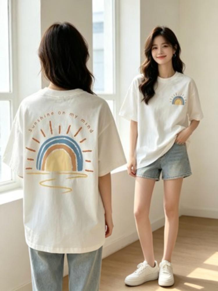Graffiti Sunshine Print Round Neck Short Sleeve Tshirt Casual and Simple Style Suitable for Summer Unisexs Casual Wear