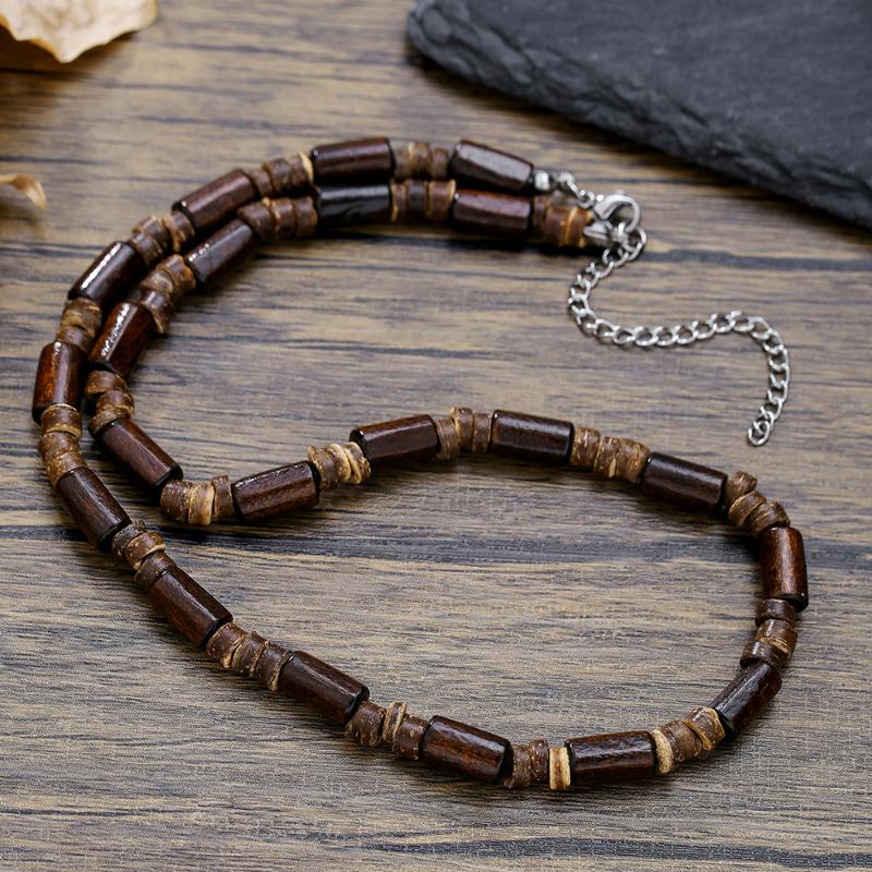 Men'S Layered Wood Walnut Bead Necklace European American Style Hiphop Vintage Long Chain Stackable Bohemian Accessories