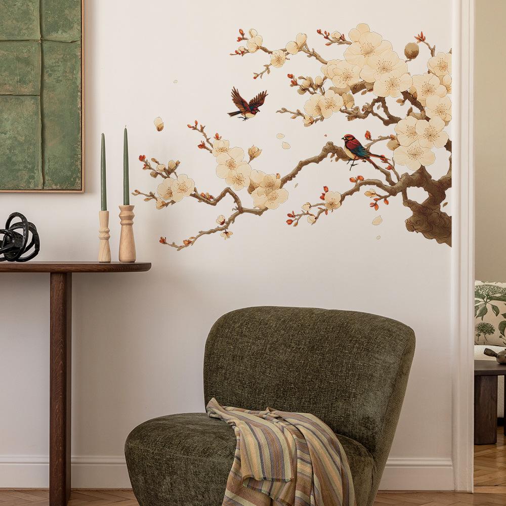 Painted Flower, Branch and Magpie Home Background Wall Decoration Stickers