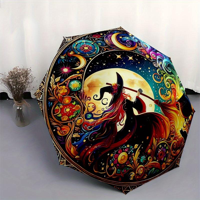 Witchcraft, Moonlit Magic Automatic folding umbrella simple eight rib design, bright color pattern, durable iron frame, ideal for travel an