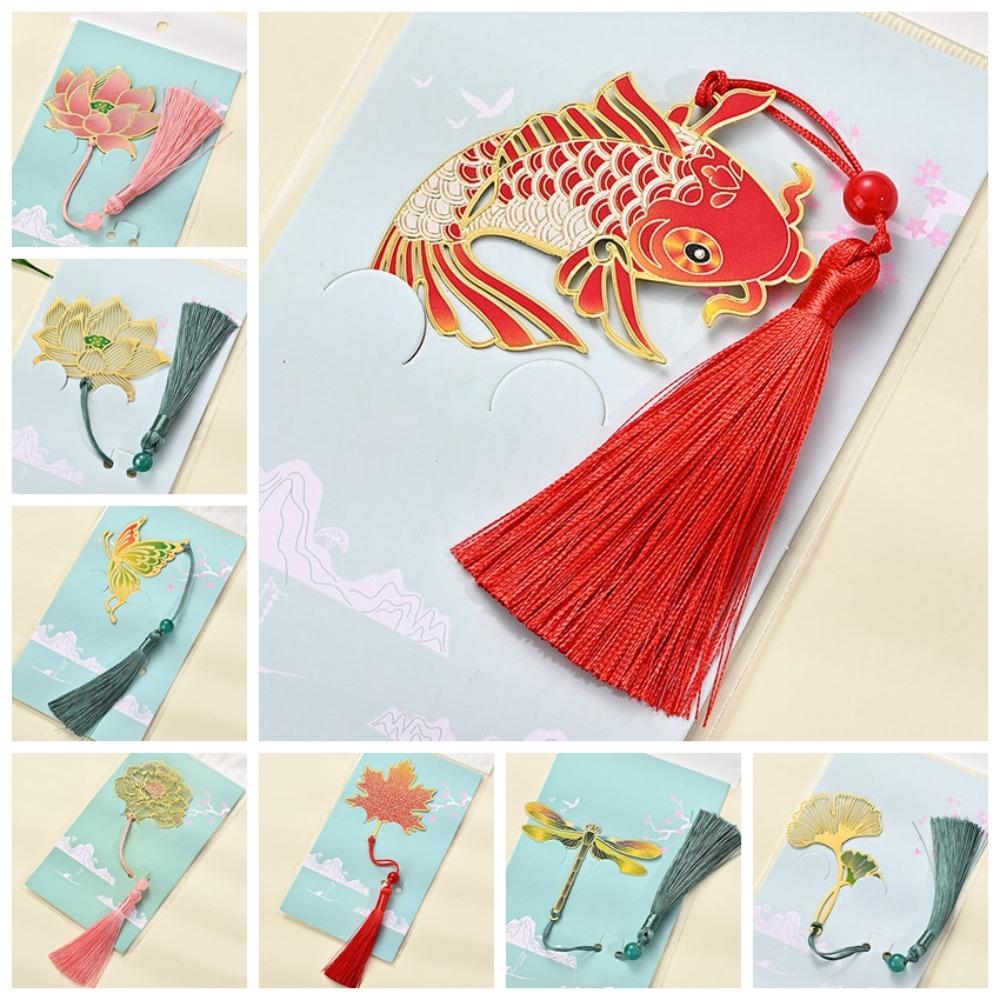 Koi Carp Leaf Metal Bookmarks Chinese Style Hollowed Tassel Bookmark School Supplies