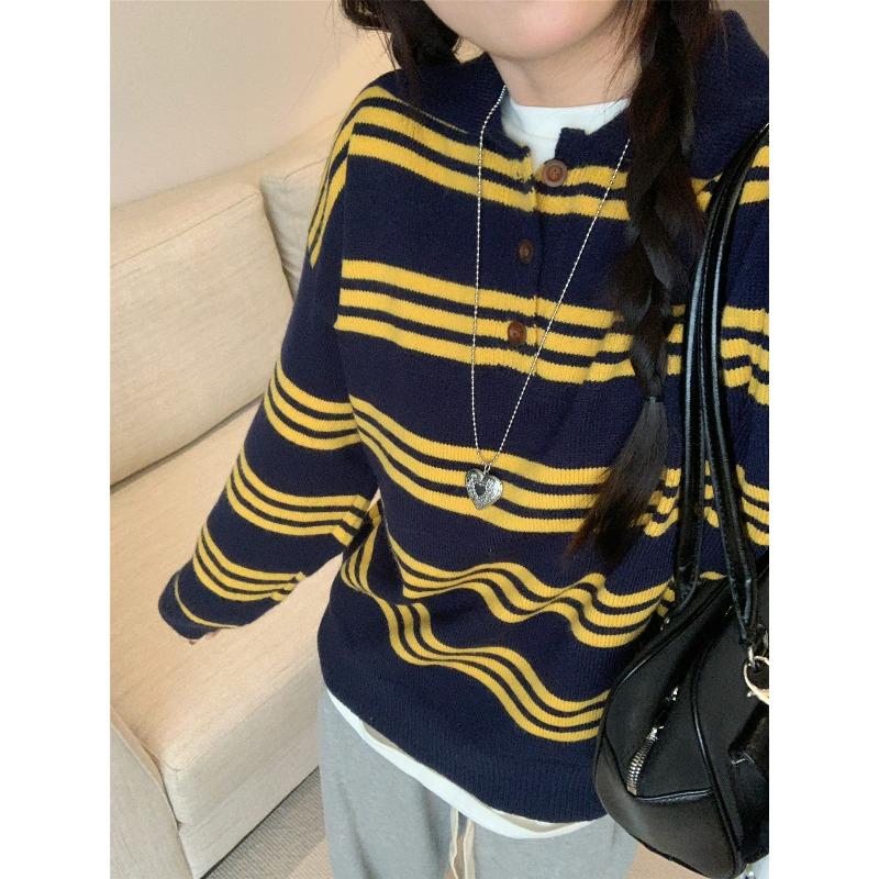 

Slack retro striped loose sweater women s autumn button olo collar long sleeve versatile casual knitted sweater top L темно-синий