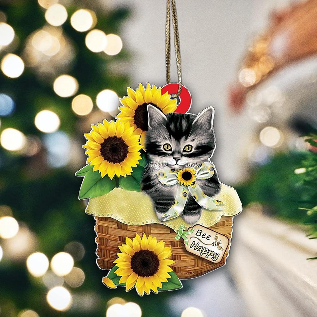 Charming Cartoon Christmas Cat Flat Car Ornament Festive Acrylic Home Decoration