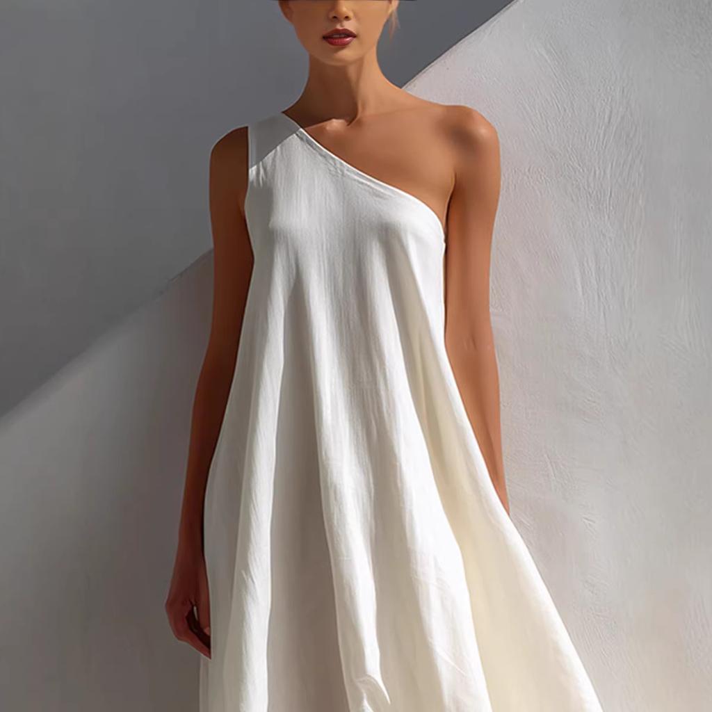Europäisches und amerikanisches Sommerkleid, vorne kurz und hinten lang, unregelmäßig, für den Urlaub, lässig, ärmellos, schräg geschnittene Schulter