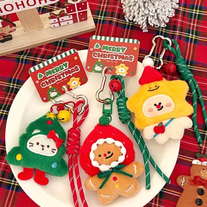Sweet Cartoon Christmas Plush Doll Pendant Keychain Fluffy Cute Christmas Tree Gingerbread Man Animal Pendant Decorative Gifts