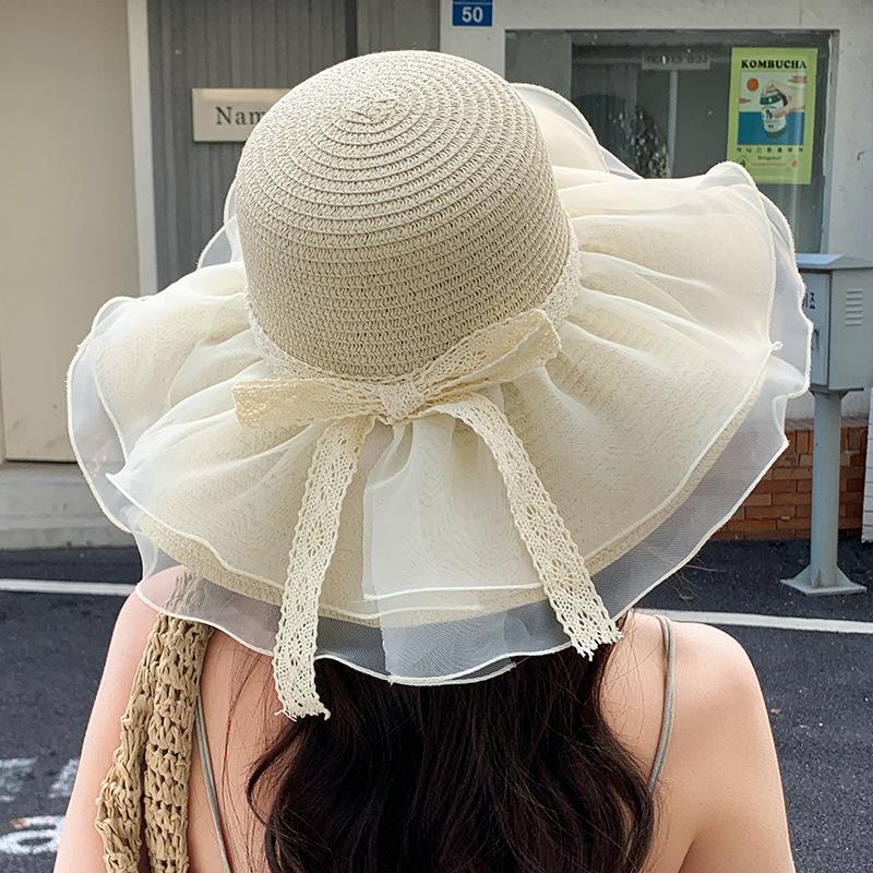 Summer Bowknot Sun Hat for Women Wide Brim Beach Vacation Hat Outdoor UV Protection Sunhat Sweet Straw Hat