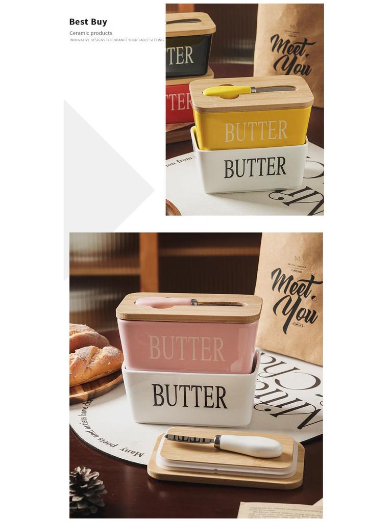 Ceramic Western-Style Butter Dish with Knife - Rectangle Cheese Box for Household and Restaurant Use