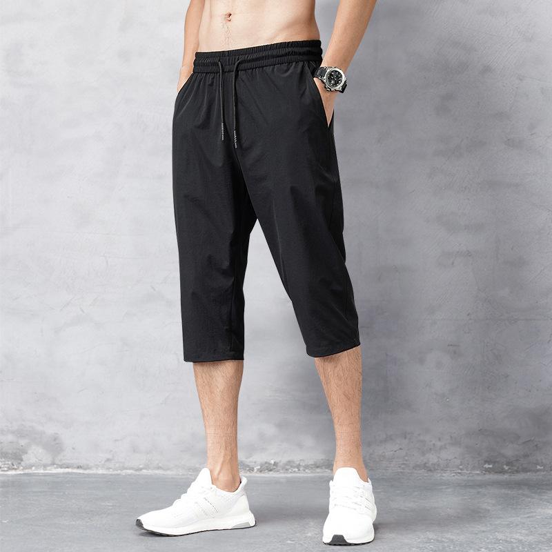 Pantaloncini lunghi da uomo neri ad asciugatura rapida da spiaggia, pantaloncini da uomo estivi, pantaloni sottili in nylon a 3/4 di lunghezza