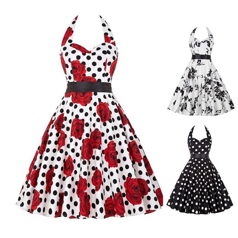 Elegante Vestito da Festa a Pois Vintage Anni '50 stile Halter di Audrey Hepburn