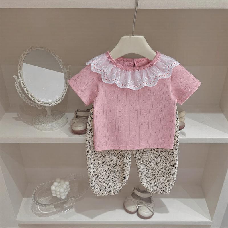 Baby Girl Summer Ruffled Peter Pan Collar Mesh Short Sleeve 2-Piece Set 73