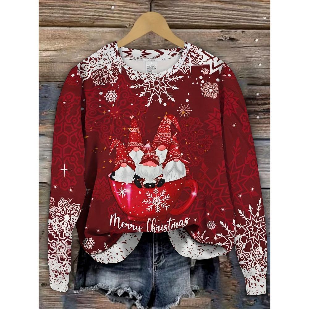 3D Printed Christmas Theme O-Neck Red Long Sleeve T-Shirts Fashion Womens Clothing