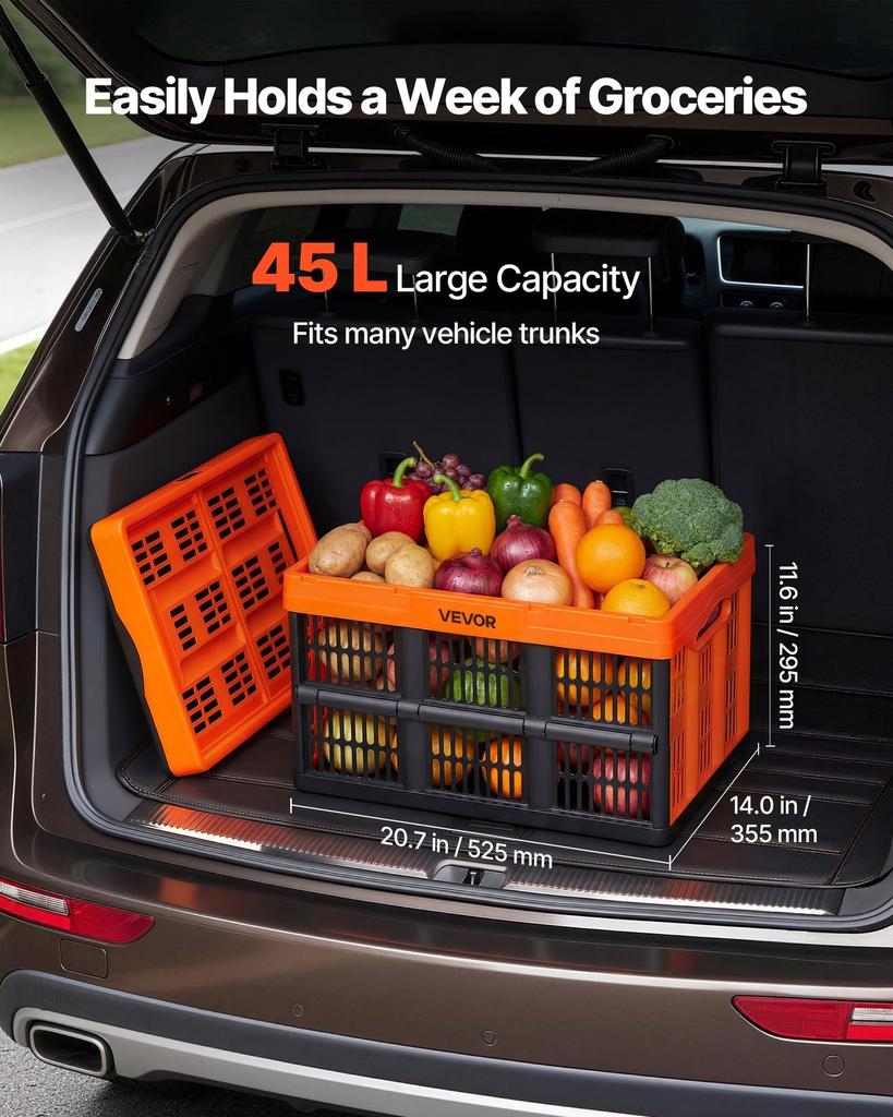 Plastic Collapsible Storage Bins, 45L 6 Packs, Stackable Folding Storage Crates with Handles, Holds 15 kg Per Bin, Foldable Heavy Duty Containers,