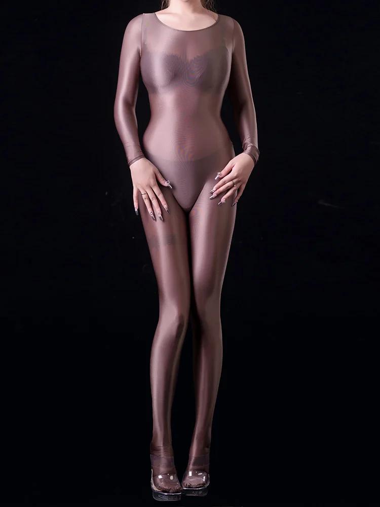 Sexy Women Oil Glossy Shiny Elastic Bodysuit Yoga Shapping Tights Bodycon Silky Satin Smooth Jumpsuits Maid Leotard Candy Color