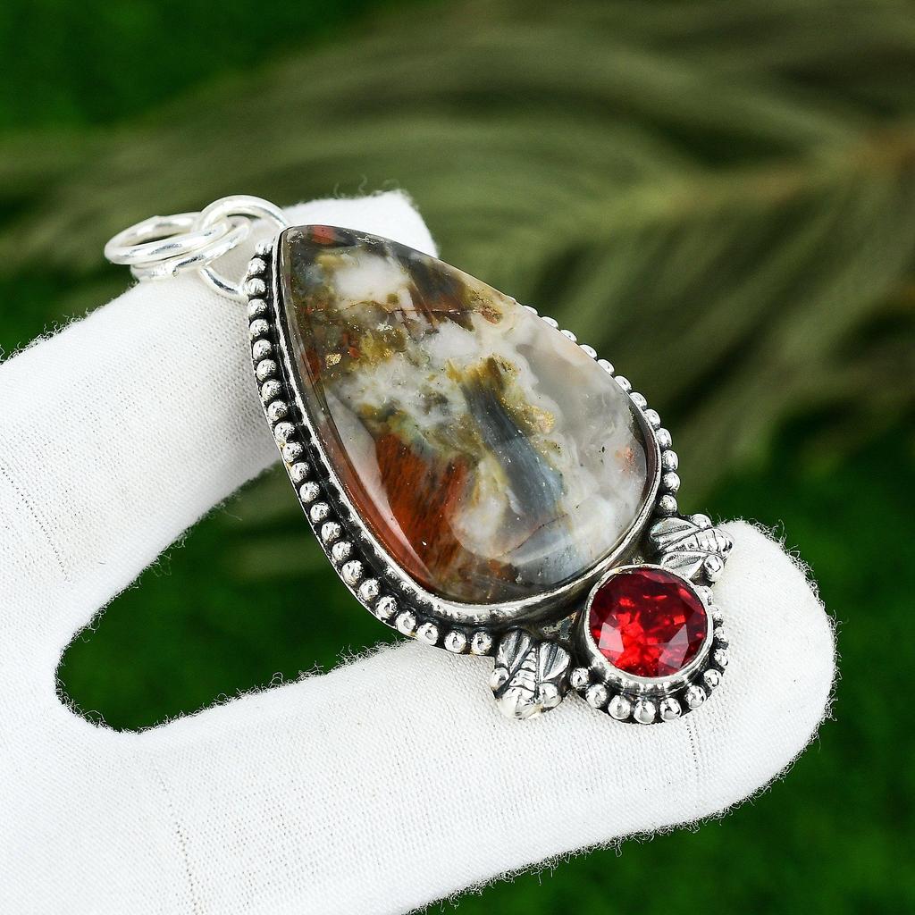 925 Sterling Silver Pear Ocean Jasper Stone Mozambique Garnet Bezel Wife Pendant